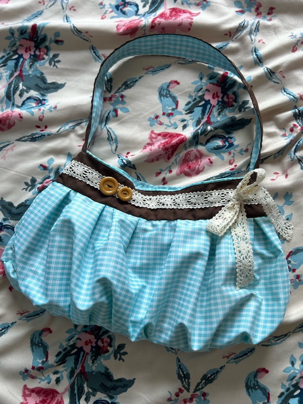 Blue Gingham Bubble Handbag with Lace Bow